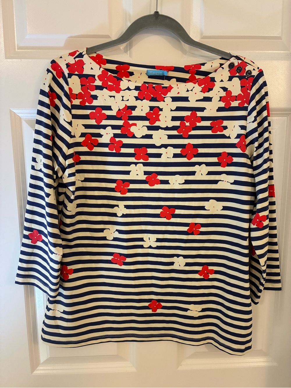 NEW! J. McLaughlin Wavesong 3/4 Sleeve White/Navy/Red Dogwood Stripe L